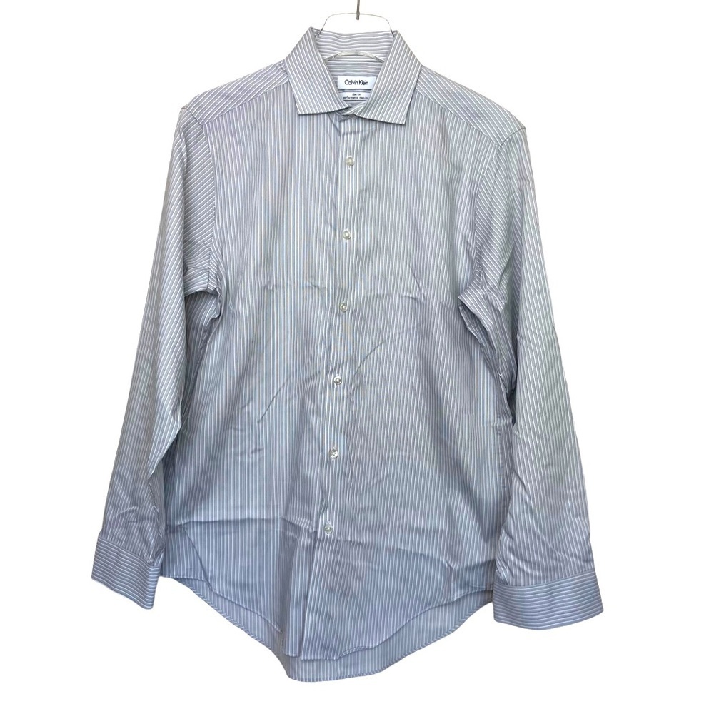 Calvin Klein Gray/White Pinstriped Long Sleeve Dress Shirt 15/32 Slim Fit Medium